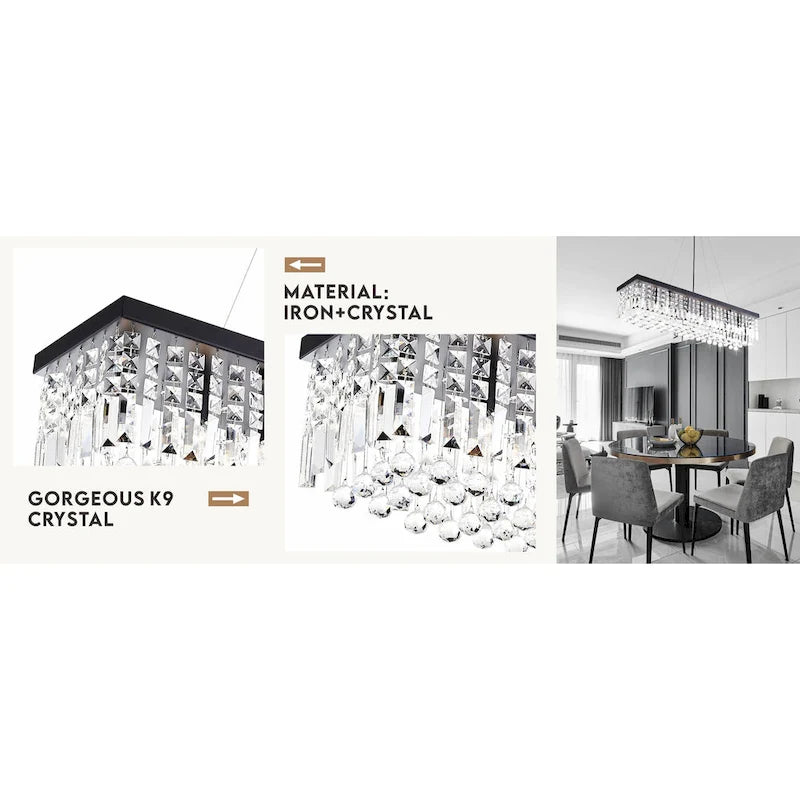 Lustre rectangulaire moderne en cristal K9, suspension à 8 lumières avec ampoules E12 en fer noir mat, idéale pour salle à manger, cuisine ou salon.