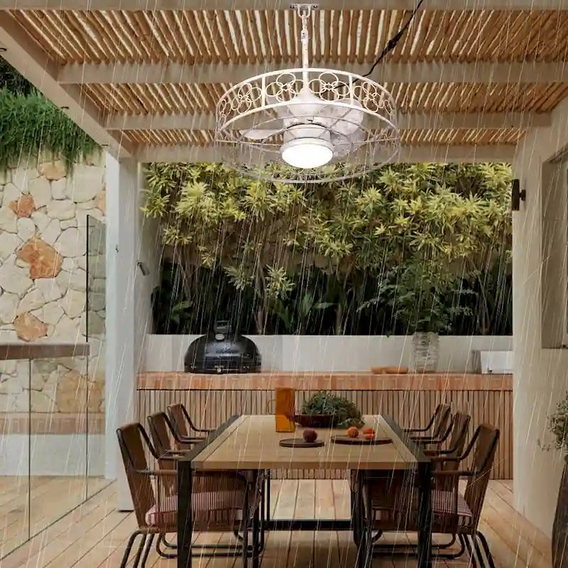 Ventilateur de plafond extérieur CurveCurio 24 avec éclairage LED étanche pour terrasse et intensité variable (3 températures de couleur), télécommande et application de contrôle