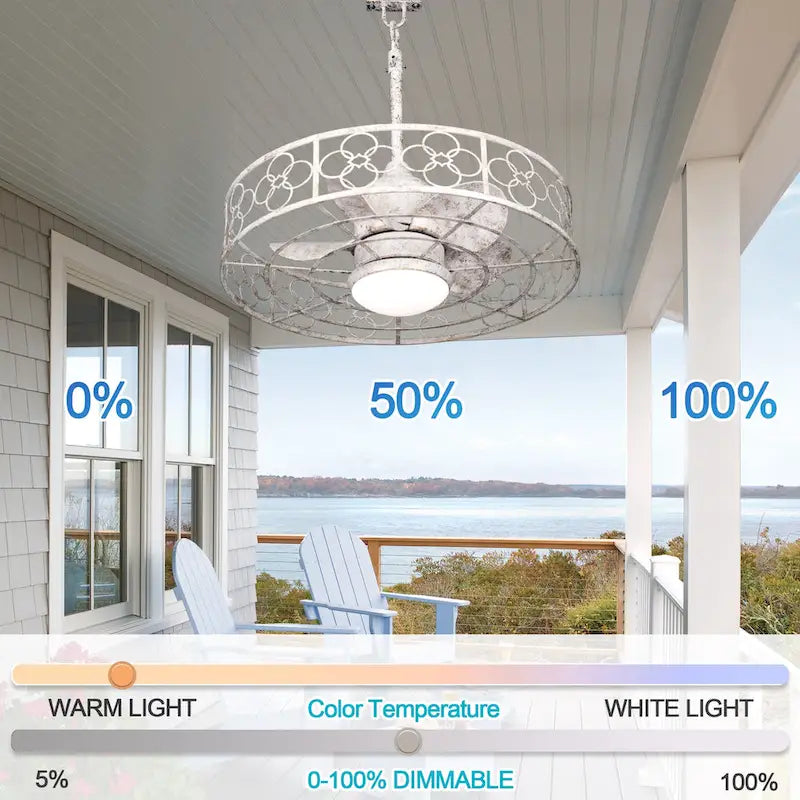 Ventilateur de plafond extérieur CurveCurio 24 avec éclairage LED étanche pour terrasse et intensité variable (3 températures de couleur), télécommande et application de contrôle