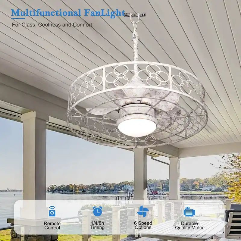 Ventilateur de plafond extérieur CurveCurio 24 avec éclairage LED étanche pour terrasse et intensité variable (3 températures de couleur), télécommande et application de contrôle