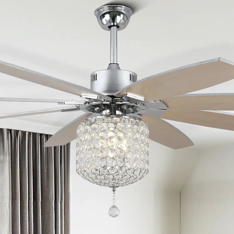 65  Large Crystal Ceiling Fan with Chorme Finish, 8-Blades 3 Lights w Crystal Shade, Quiet DC Motor w Remote Control