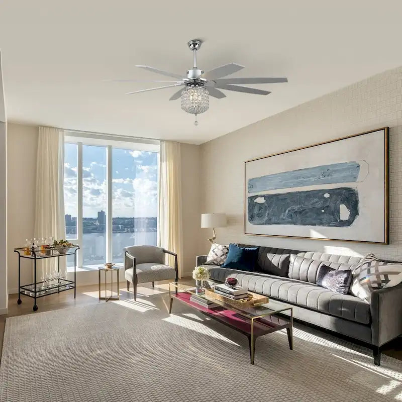 Ventilateur de plafond 65 pouces (165 cm) en cristal chromé, 8 pales, 3 lumières avec abat-jour en cristal, moteur CC silencieux avec télécommande