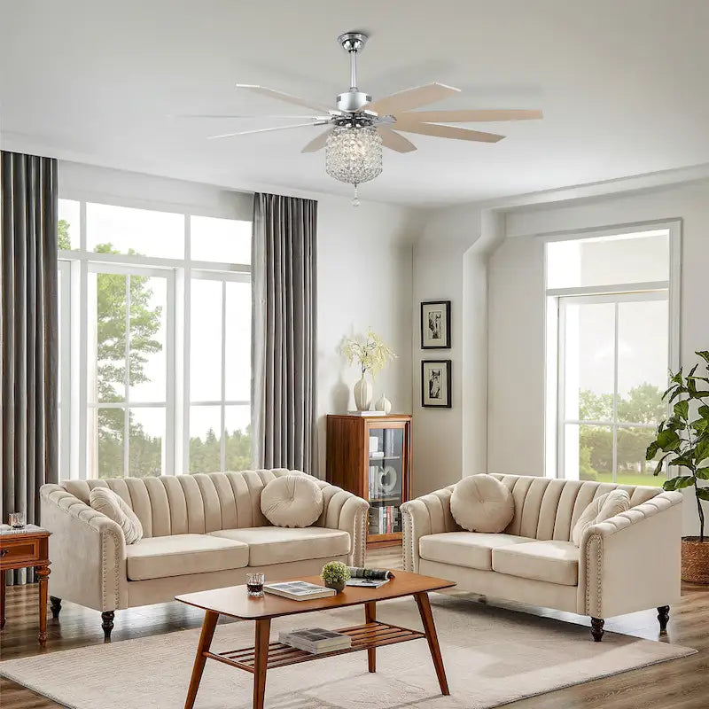 Ventilateur de plafond 65 pouces (165 cm) en cristal chromé, 8 pales, 3 lumières avec abat-jour en cristal, moteur CC silencieux avec télécommande