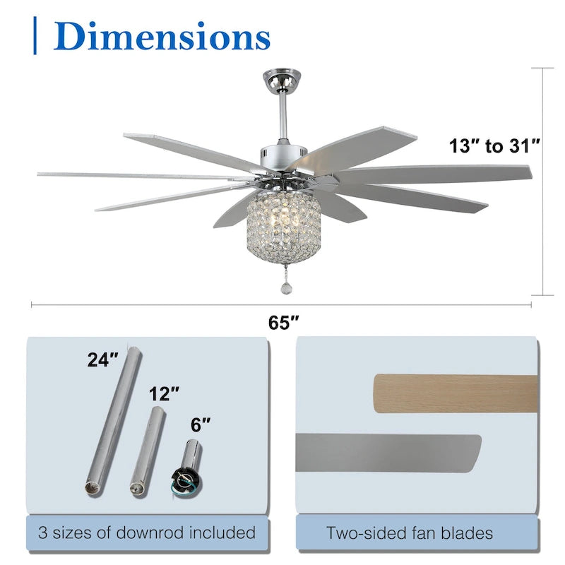 Ventilateur de plafond 65 pouces (165 cm) en cristal chromé, 8 pales, 3 lumières avec abat-jour en cristal, moteur CC silencieux avec télécommande