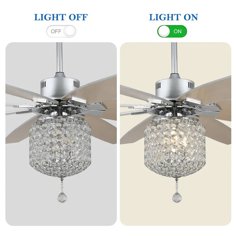 Ventilateur de plafond 65 pouces (165 cm) en cristal chromé, 8 pales, 3 lumières avec abat-jour en cristal, moteur CC silencieux avec télécommande