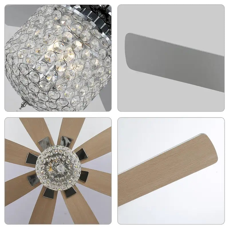 Ventilateur de plafond 65 pouces (165 cm) en cristal chromé, 8 pales, 3 lumières avec abat-jour en cristal, moteur CC silencieux avec télécommande