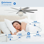 Ventilateur de plafond 65 pouces (165 cm) en cristal chromé, 8 pales, 3 lumières avec abat-jour en cristal, moteur CC silencieux avec télécommande