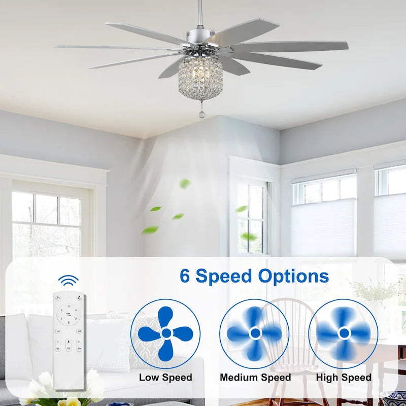 Ventilateur de plafond 65 pouces (165 cm) en cristal chromé, 8 pales, 3 lumières avec abat-jour en cristal, moteur CC silencieux avec télécommande