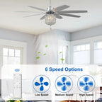 Ventilateur de plafond 65 pouces (165 cm) en cristal chromé, 8 pales, 3 lumières avec abat-jour en cristal, moteur CC silencieux avec télécommande
