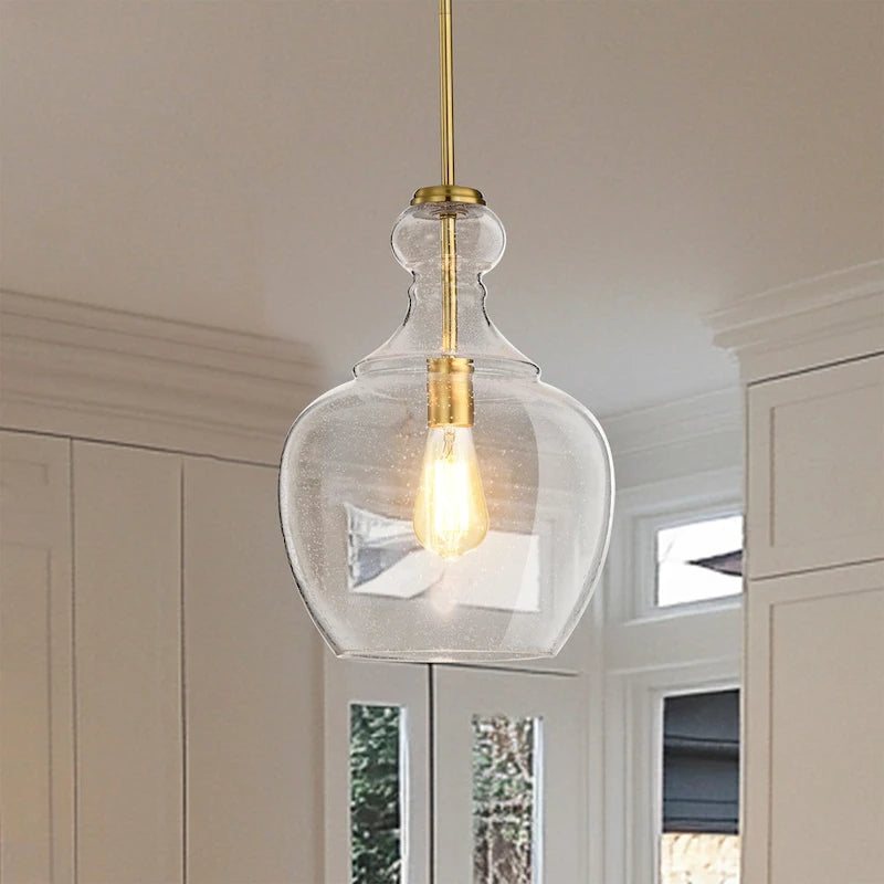 Tasio Brass Pendant Light with Clear Decanter Glass Shade