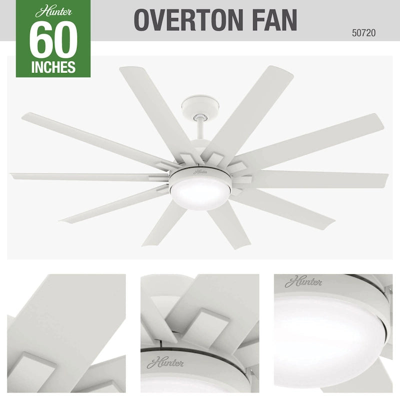 Ventilateur de plafond Hunter 60 Overton pour milieux humides, avec éclairage LED et commande murale - Style moulin à vent, transitionnel, moderne - ENERGY STAR