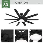 Ventilateur de plafond Hunter 60 Overton pour milieux humides, avec éclairage LED et commande murale - Style moulin à vent, transitionnel, moderne - ENERGY STAR