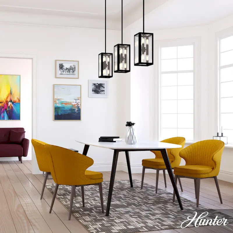 Suspension Hunter Felipe à 6 lumières avec verre clair bullé, style ferme moderne et industriel – Îlot, salle à manger, entrée, chambre, couloir