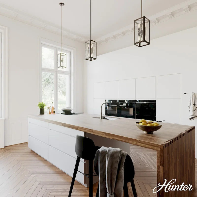 Suspension Hunter Felipe à 6 lumières avec verre clair bullé, style ferme moderne et industriel – Îlot, salle à manger, entrée, chambre, couloir