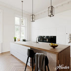 Suspension Hunter Felipe à 6 lumières avec verre clair bullé, style ferme moderne et industriel – Îlot, salle à manger, entrée, chambre, couloir