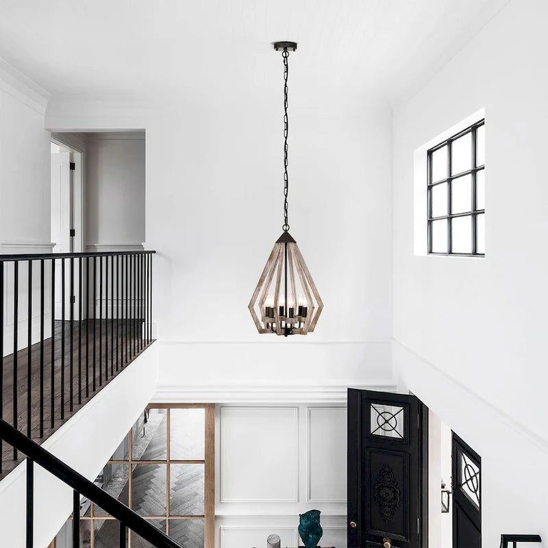 Suspension Cydney 16 pouces, forme géométrique, finition grain de bois, 6 lumières