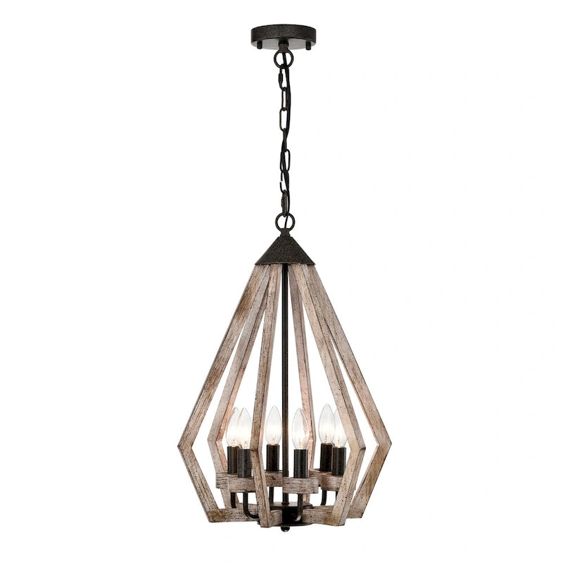 Suspension Cydney 16 pouces, forme géométrique, finition grain de bois, 6 lumières
