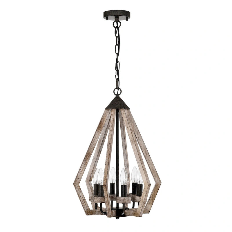 Suspension Cydney 16 pouces, forme géométrique, finition grain de bois, 6 lumières