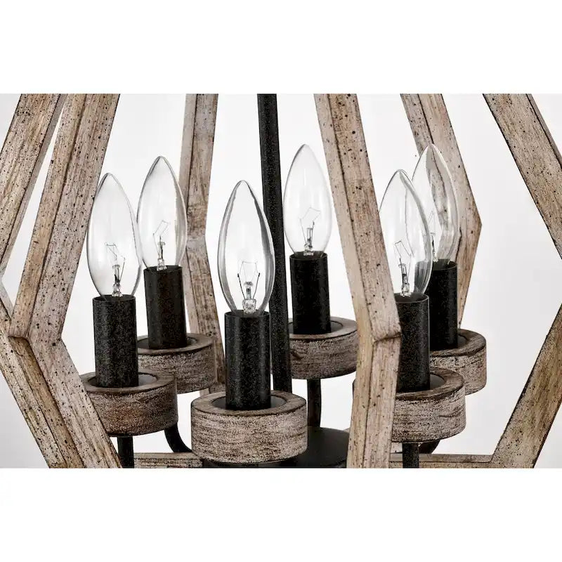 Suspension Cydney 16 pouces, forme géométrique, finition grain de bois, 6 lumières