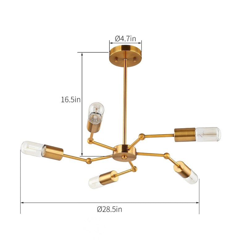 Lustre Yuyor à 5 lumières en laiton, à un seul niveau, avec tiges coudées