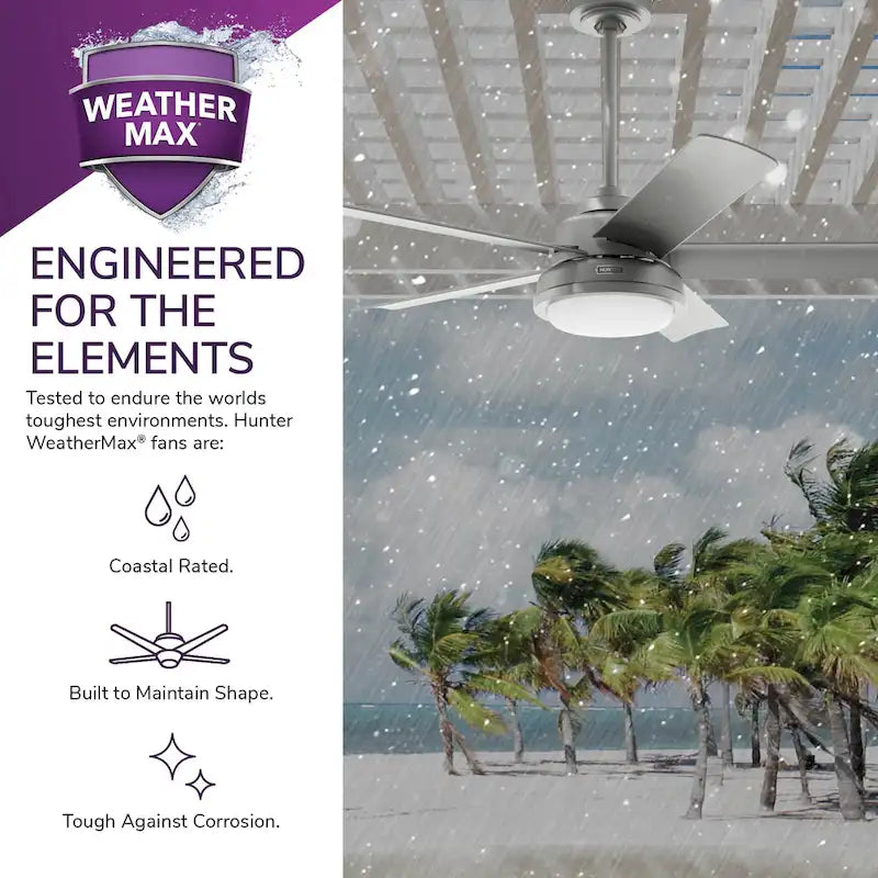 Ventilateur de plafond extérieur Hunter 52 Seawall avec kit d'éclairage LED, commande murale - Résistant à l'eau !