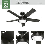 Ventilateur de plafond extérieur Hunter 52 Seawall avec kit d'éclairage LED, commande murale - Résistant à l'eau !