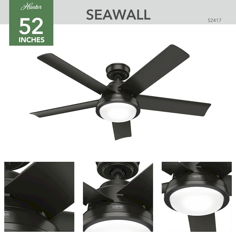 Ventilateur de plafond extérieur Hunter 52 Seawall avec kit d'éclairage LED, commande murale - Résistant à l'eau !