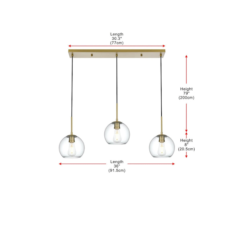 Suspension sphérique transparente en verre et métal à 3 lumières de 91 cm (36 pouces)
