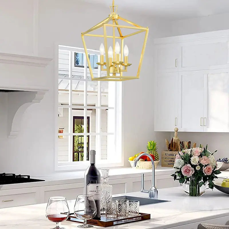 Suspension lanterne dorée douce à 4 lumières - 12 x 12 x 18