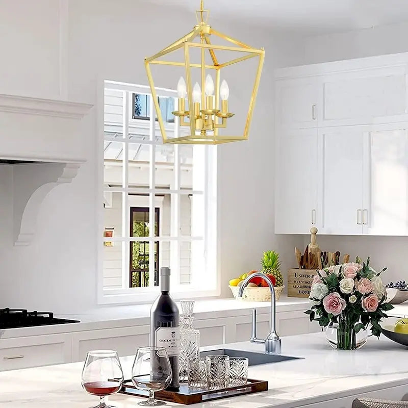 Suspension lanterne dorée douce à 4 lumières - 12 x 12 x 18