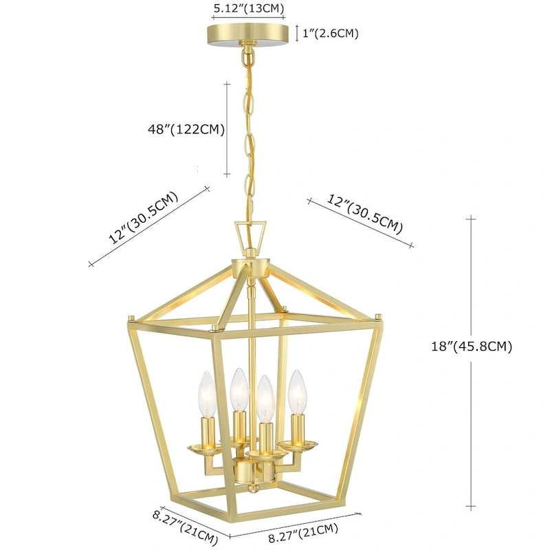 Suspension lanterne dorée douce à 4 lumières - 12 x 12 x 18