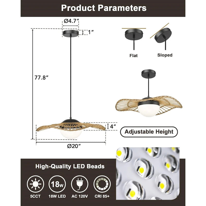 Suspension LED en rotin style côtier, lampe suspendue en forme de chapeau de paille