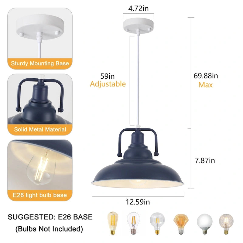 Suspension 60 W à une lumière avec abat-jour en forme de dôme pour îlot de cuisine, lustre semi-encastré classique pour salle à manger