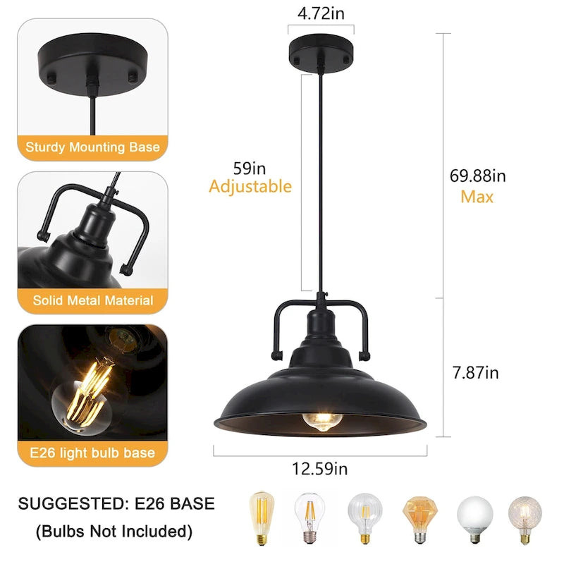 Suspension 60 W à une lumière avec abat-jour en forme de dôme pour îlot de cuisine, lustre semi-encastré classique pour salle à manger