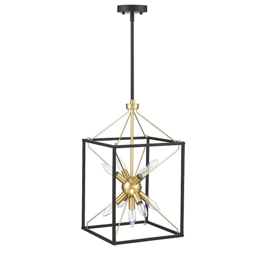 12.2 in. 9-Light Modern Rectangle Lantern Pendant Light with Matte Black finish and Gold Accents