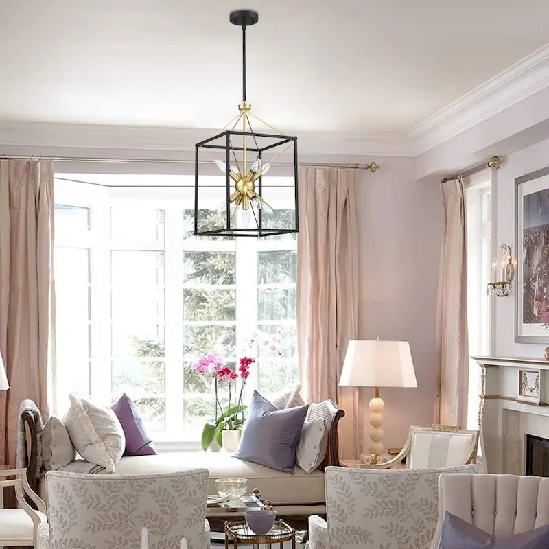 Suspension lanterne rectangulaire moderne à 9 lumières de 12,2 po avec finition noire mate et accents dorés