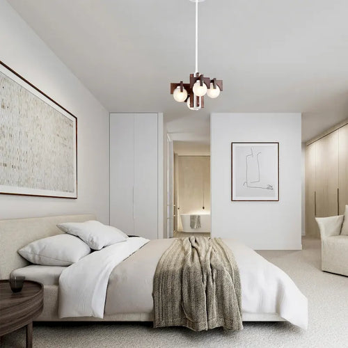 Suspension Tripner 12 en bois teinté et finition blanche avec globes opaques