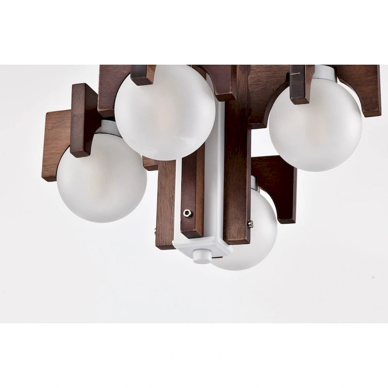 Suspension Tripner 12 en bois teinté et finition blanche avec globes opaques