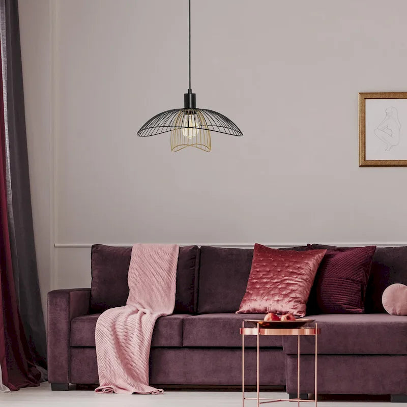 Suspension Elizabeth River of Goods, abat-jour double en métal noir et or, 35,2 cm (13,875 po) - 36,5 x 35,2 x 24,8 cm (14,375 x 13,875 x 9,75/57,75 po)