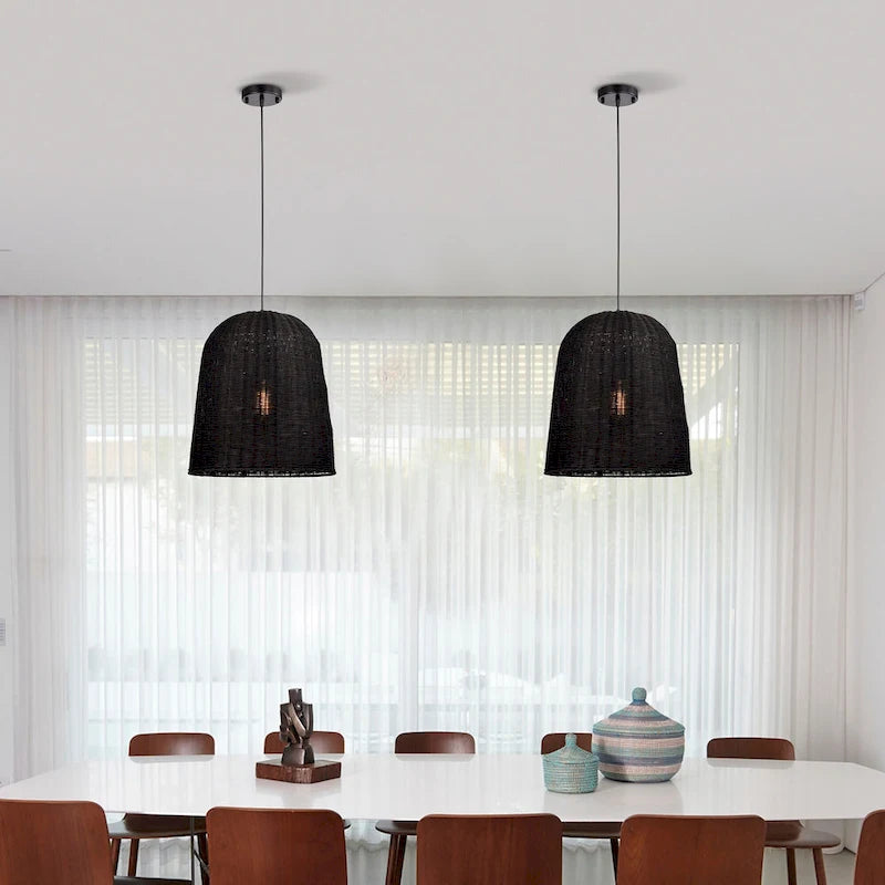 Suspension Miku Black à 1 lumière en rotin avec clochette