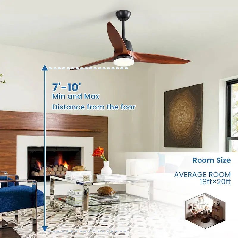Ventilateur de plafond intérieur en bois de 142 cm (56 pouces) avec lumière et télécommande, 3 pales en bois, pour chambre à coucher - Diamètre : 142 cm (56 pouces)