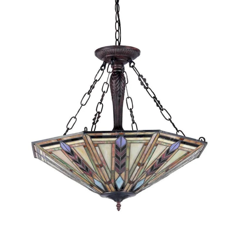 Suspension inversée à 3 lumières en bronze foncé, style Tiffany et design Mission