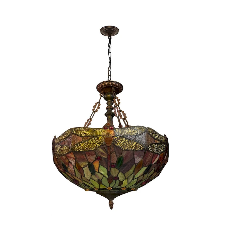 Suspension à trois lumières en bronze foncé, motif libellule, style Tiffany