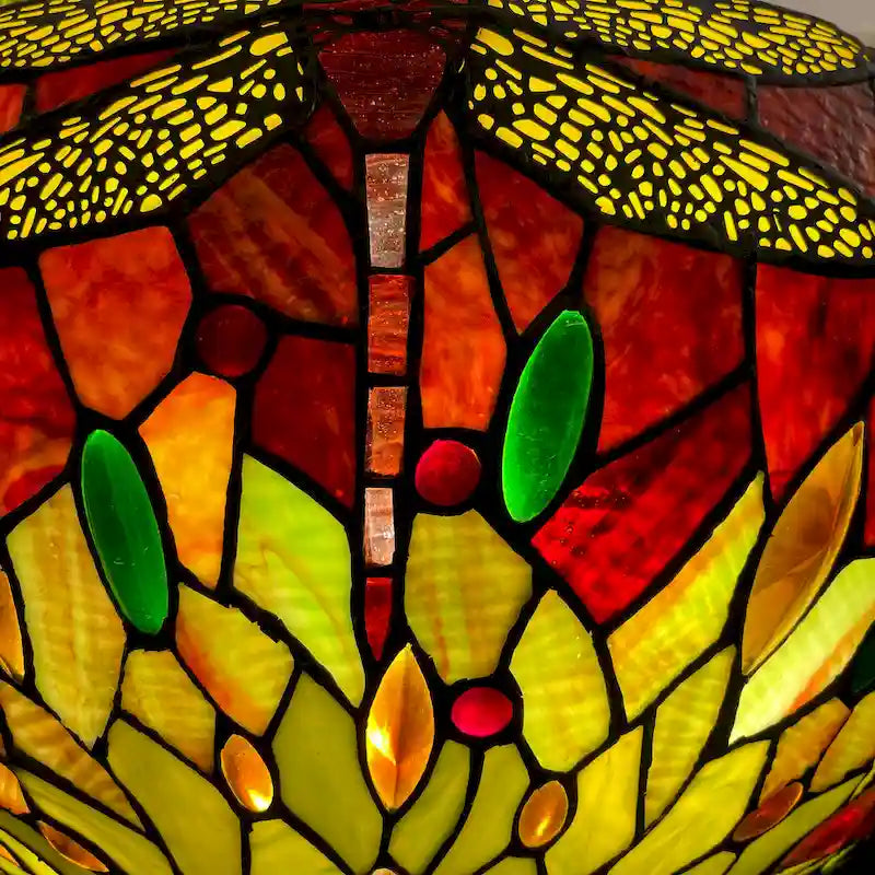 Suspension à trois lumières en bronze foncé, motif libellule, style Tiffany