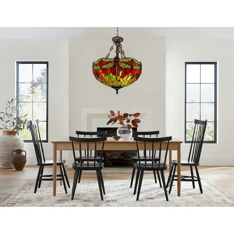 Suspension à trois lumières en bronze foncé, motif libellule, style Tiffany