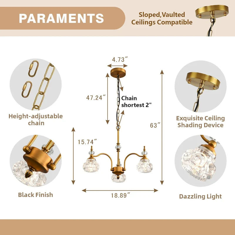 Suspension moderne à 3 lumières avec abat-jour en verre cristal