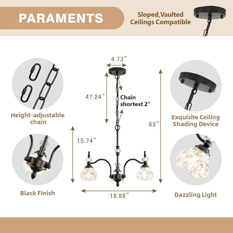 Suspension moderne à 3 lumières avec abat-jour en verre cristal