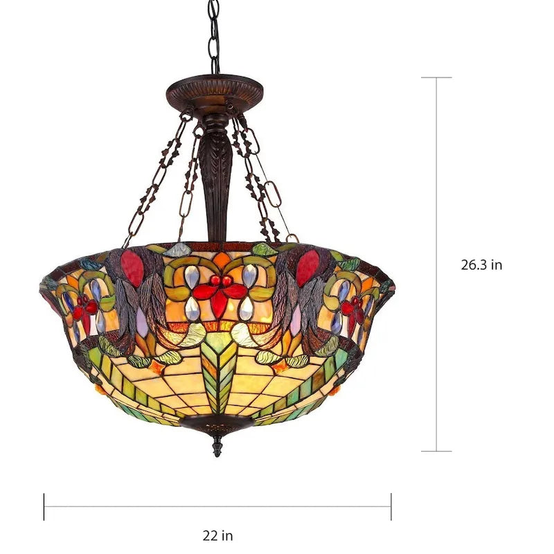 Suspension inversée victorienne de style Tiffany à 3 lumières