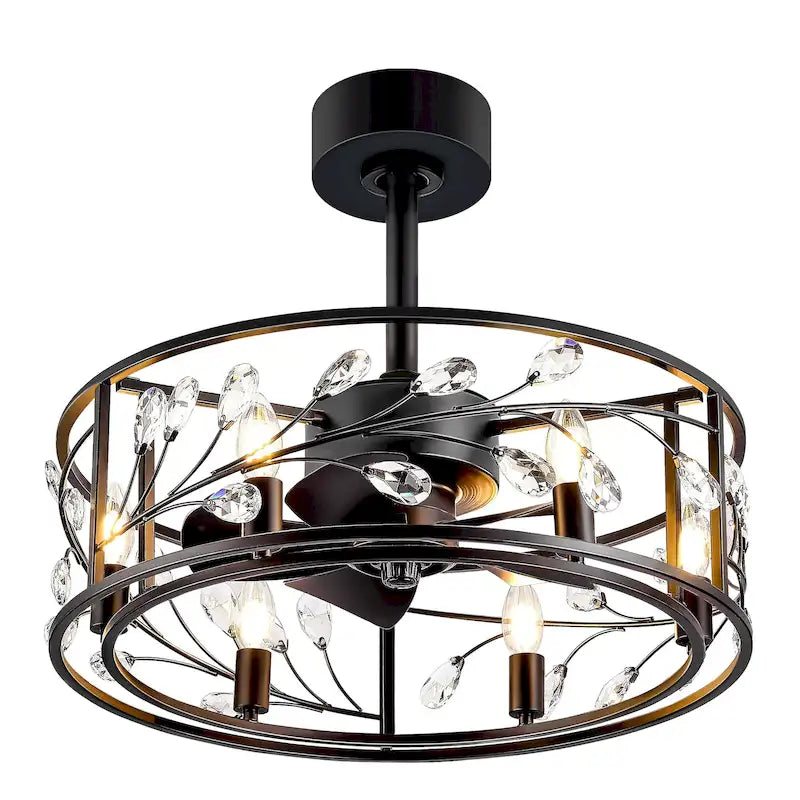 Ventilateur de plafond noir à cage de 50 cm avec kit d'éclairage cristal et télécommande - 50 cm