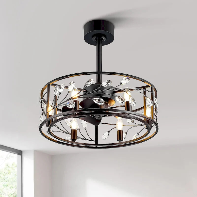 20  Black Caged Ceiling Fan with Crystal Light Kit Remote Control - 20 Inch